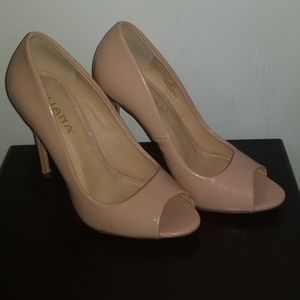 Worn Once - Patent Leater Nude Peep Toed Pumps